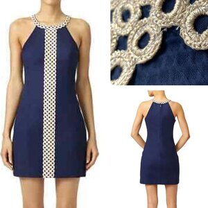 Lilly Pulitzer Sasha Halter Navy Dress With Metallic Gold Crochet Detail